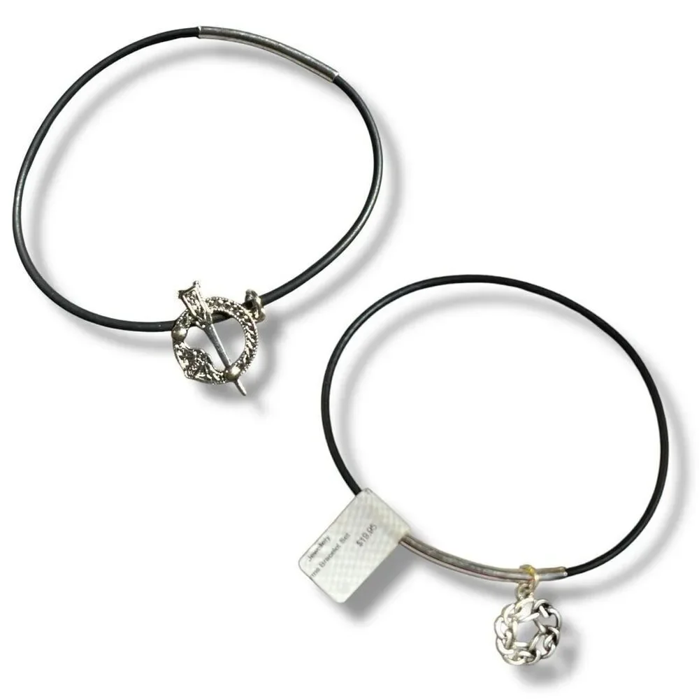 Set of Two Celtic-Inspired Black Jelly Bracelets with Silver Tone Charms